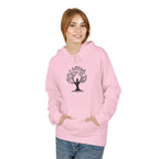 Person wearing a pink hoodie with a tree design on a white background