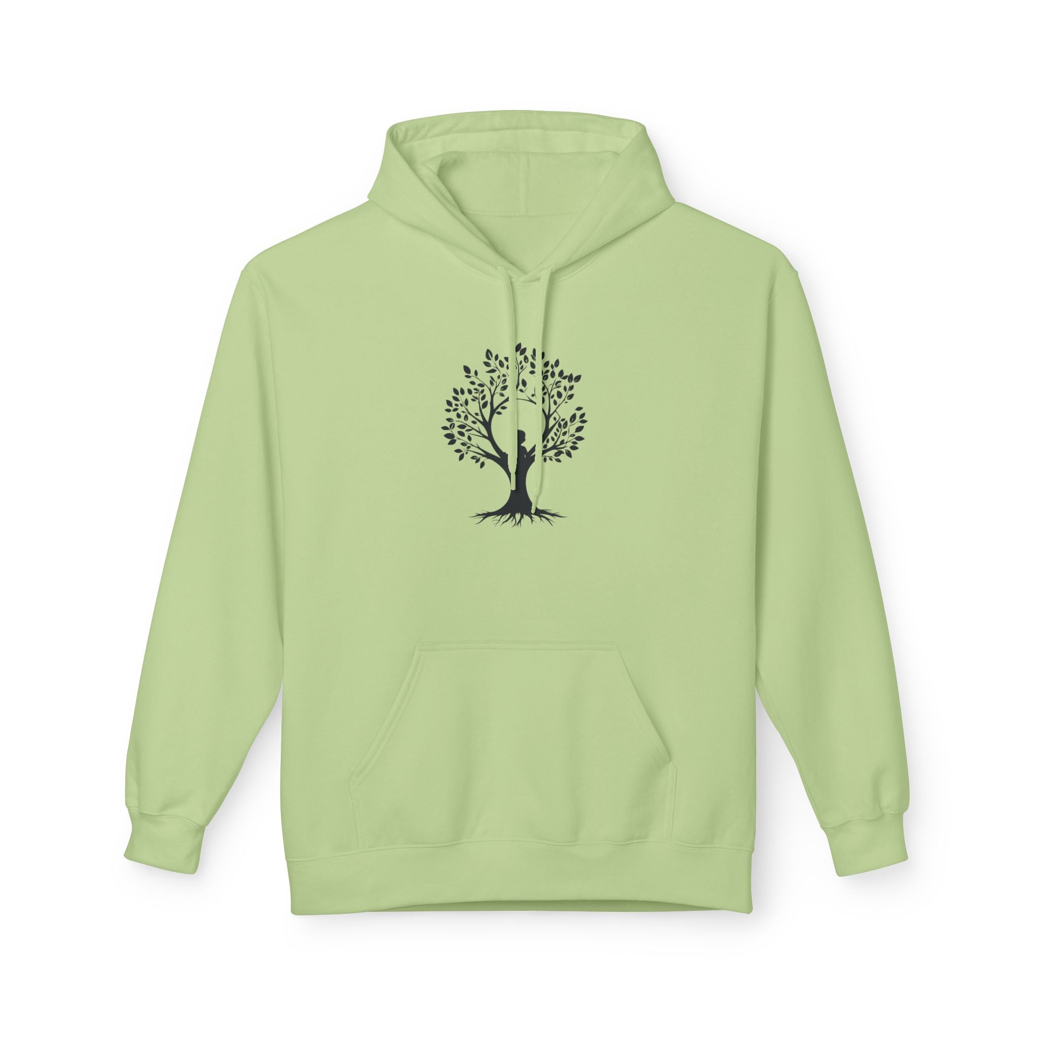 Light green hoodie with a black tree design on a white background