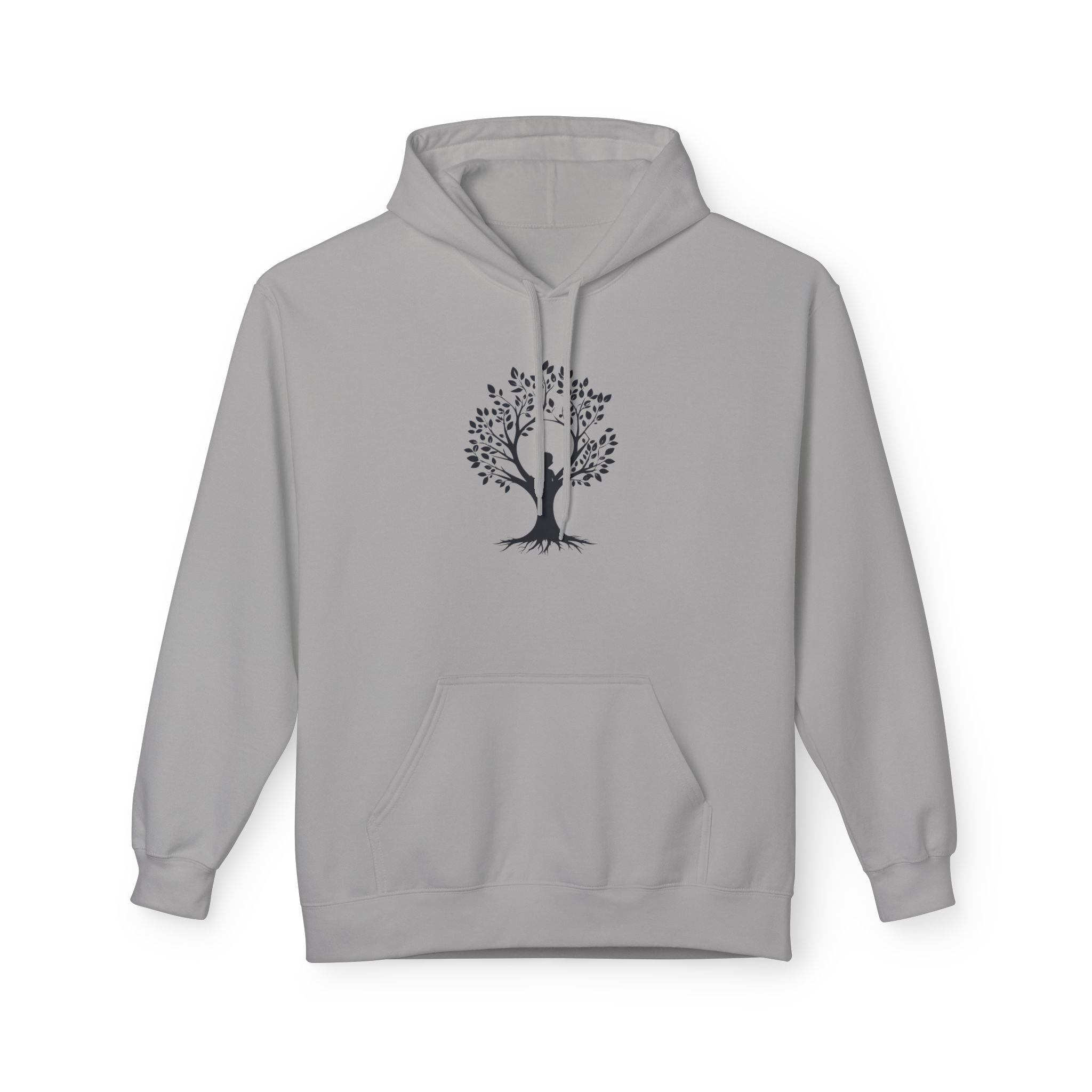 Gray hoodie with a black tree design on a white background