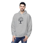Man wearing a gray hoodie with a tree design on a white background