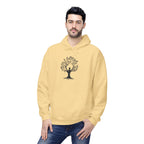 Man wearing a yellow hoodie with a tree design on a white background