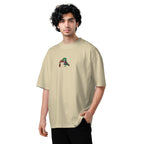 Person wearing a beige t-shirt with a graphic design on a white background