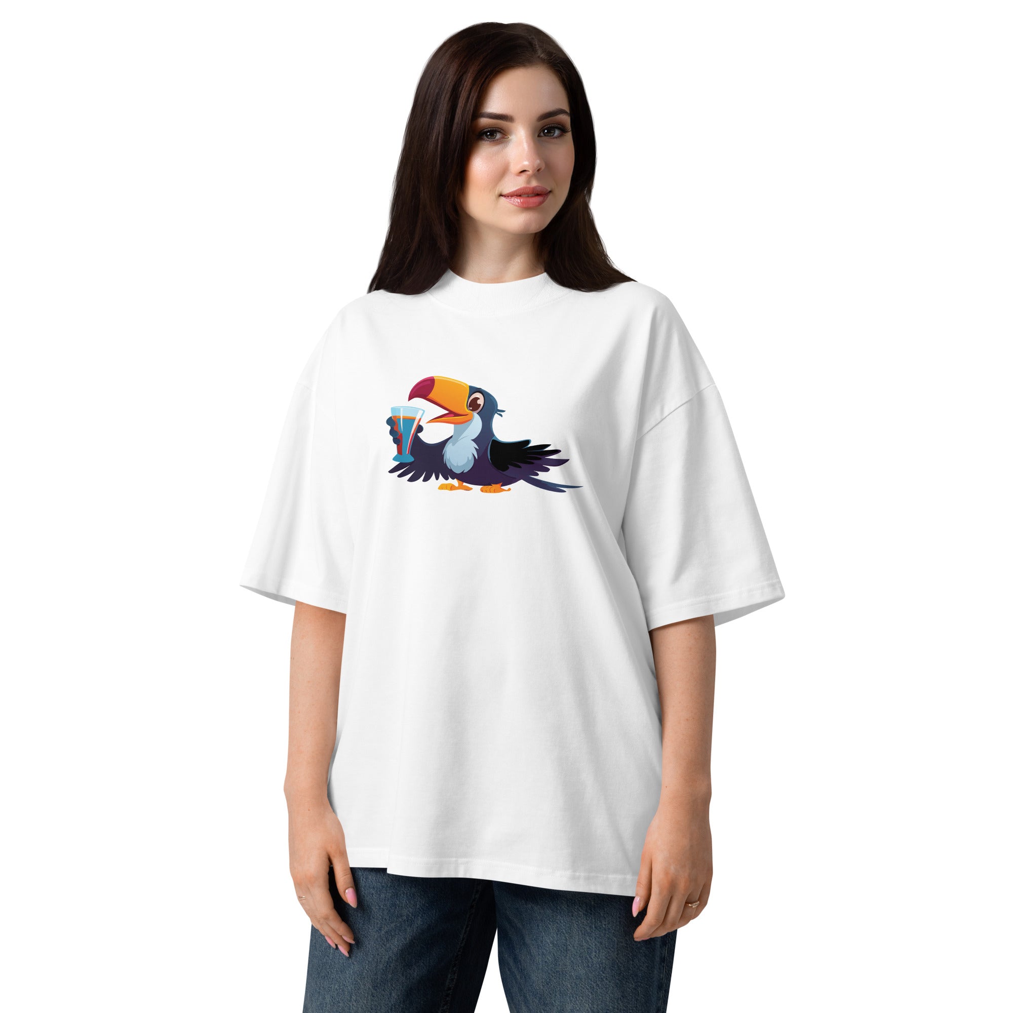 Woman wearing a white t-shirt with a colorful toucan design on a white background