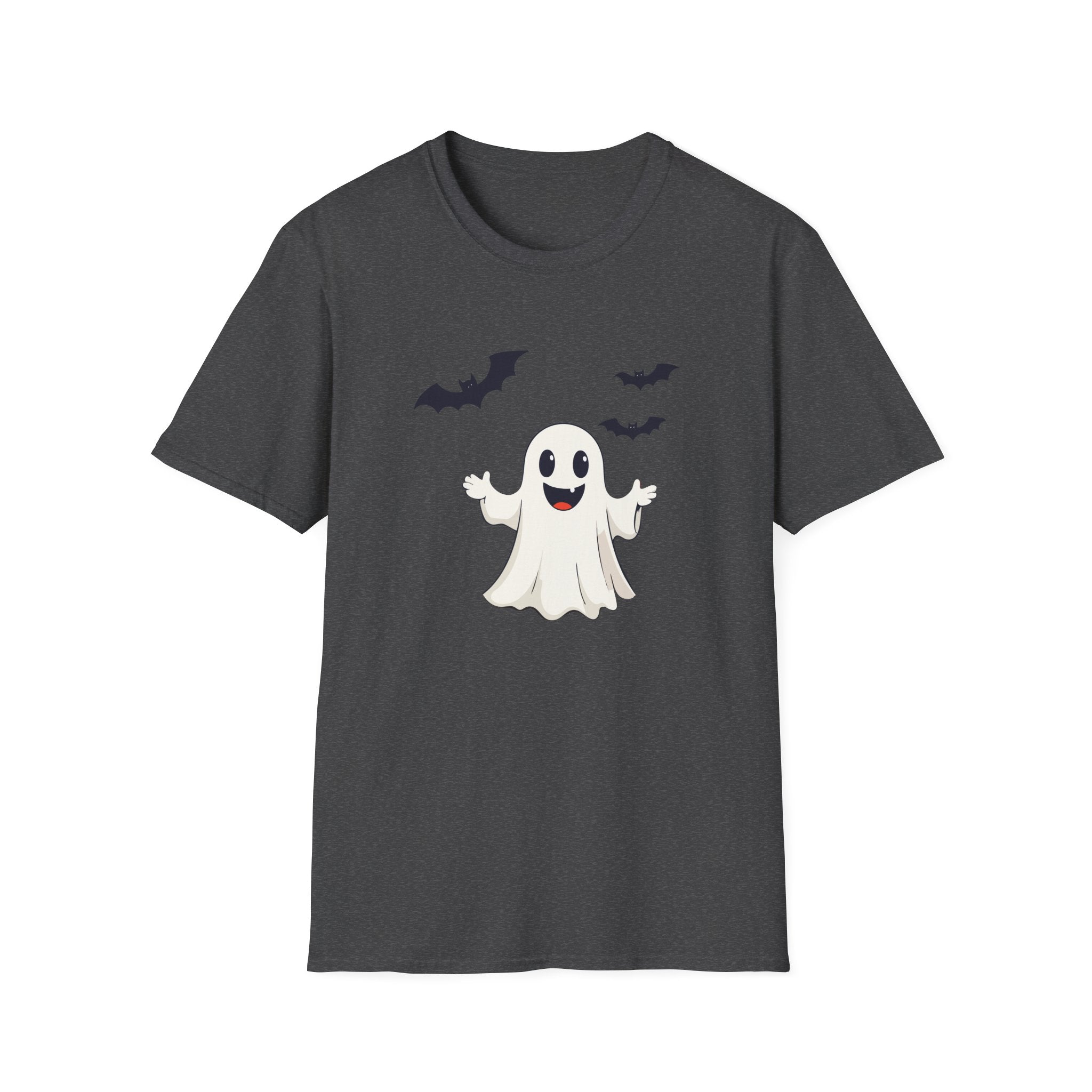 Dark gray t-shirt with a cartoon ghost and bats design on a white background