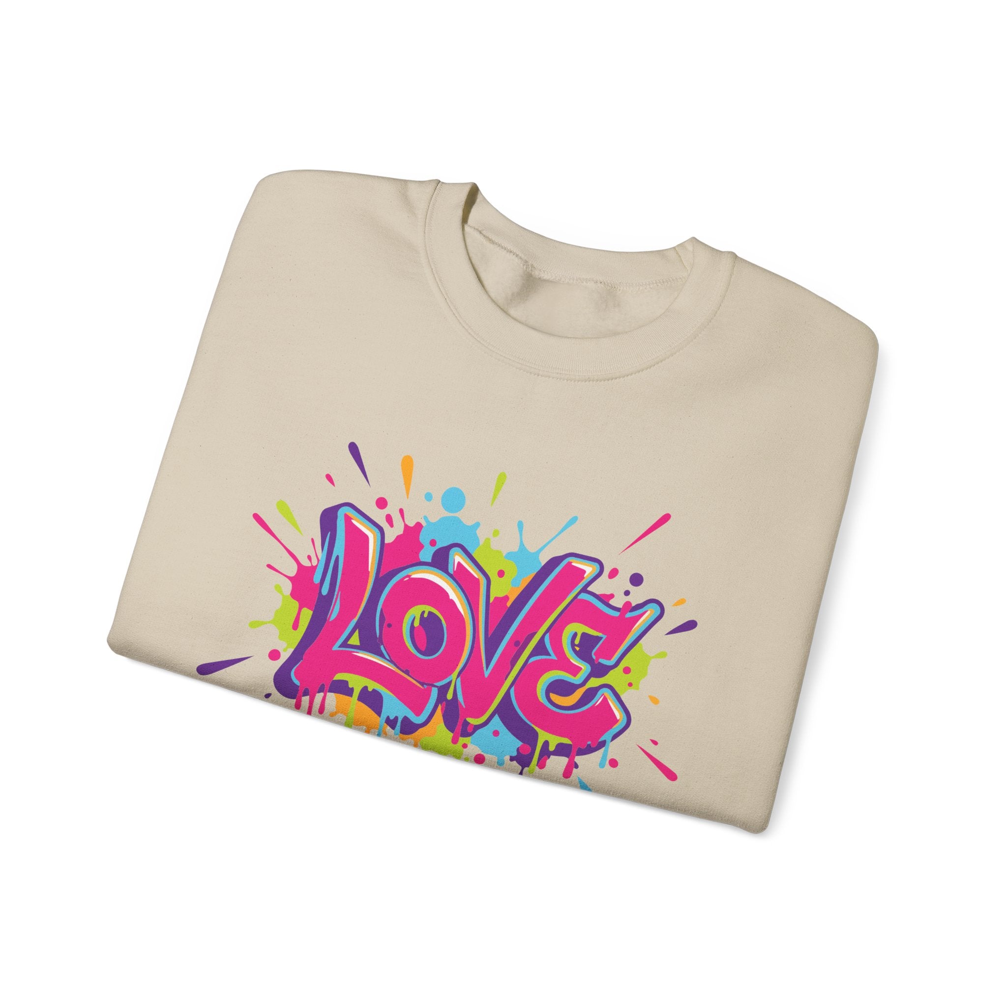 Beige sweatshirt with colorful 'LOVE' graphic on a white background