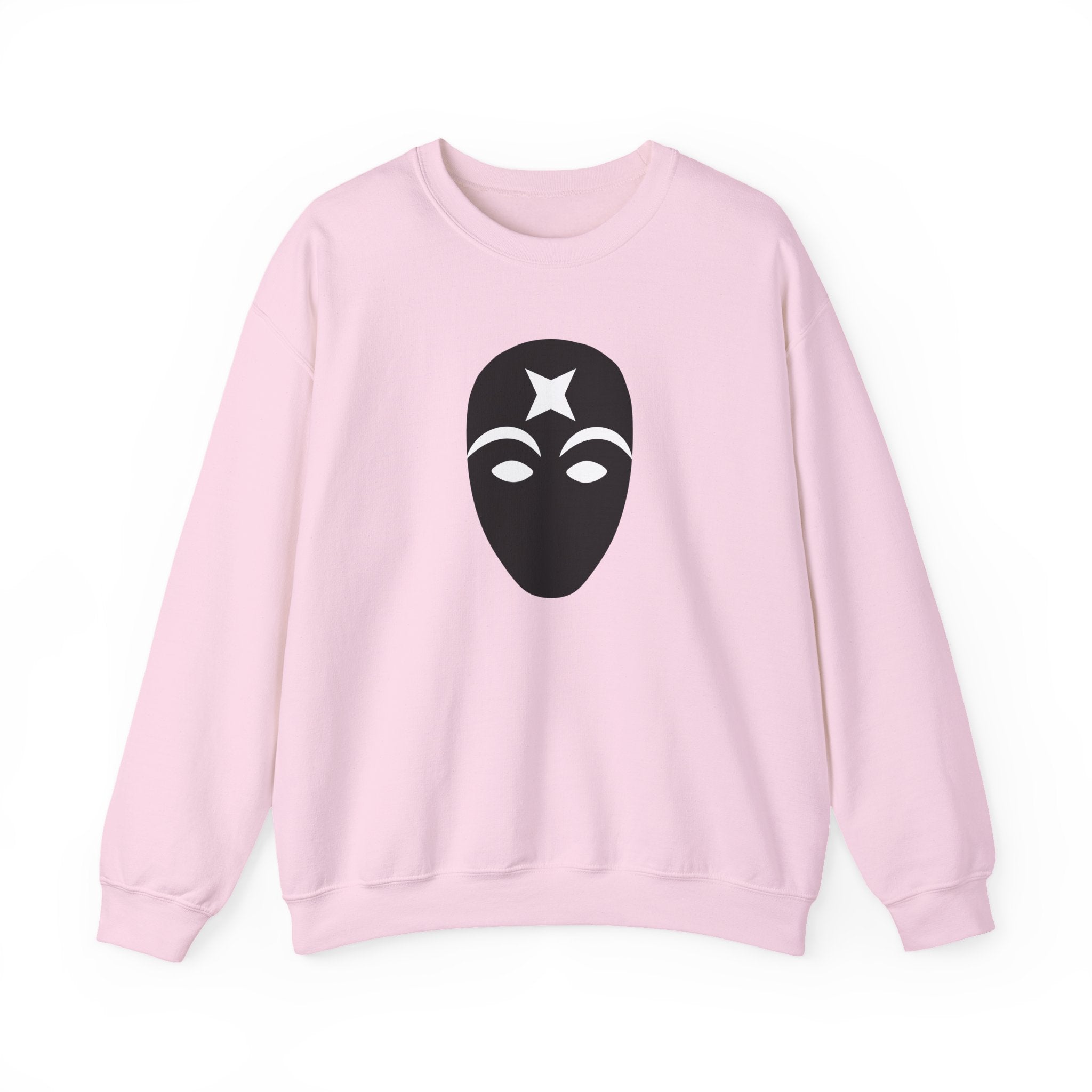 Pink sweatshirt with a black mask graphic on a white background