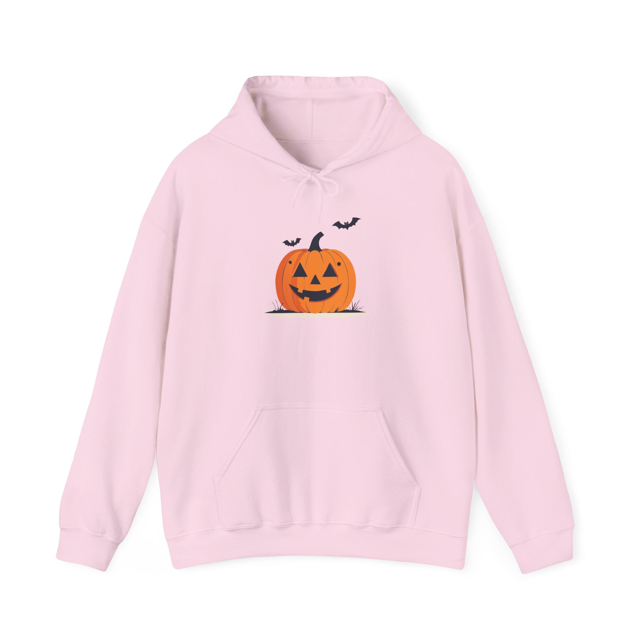 Pink hoodie with a Halloween pumpkin design on a white background