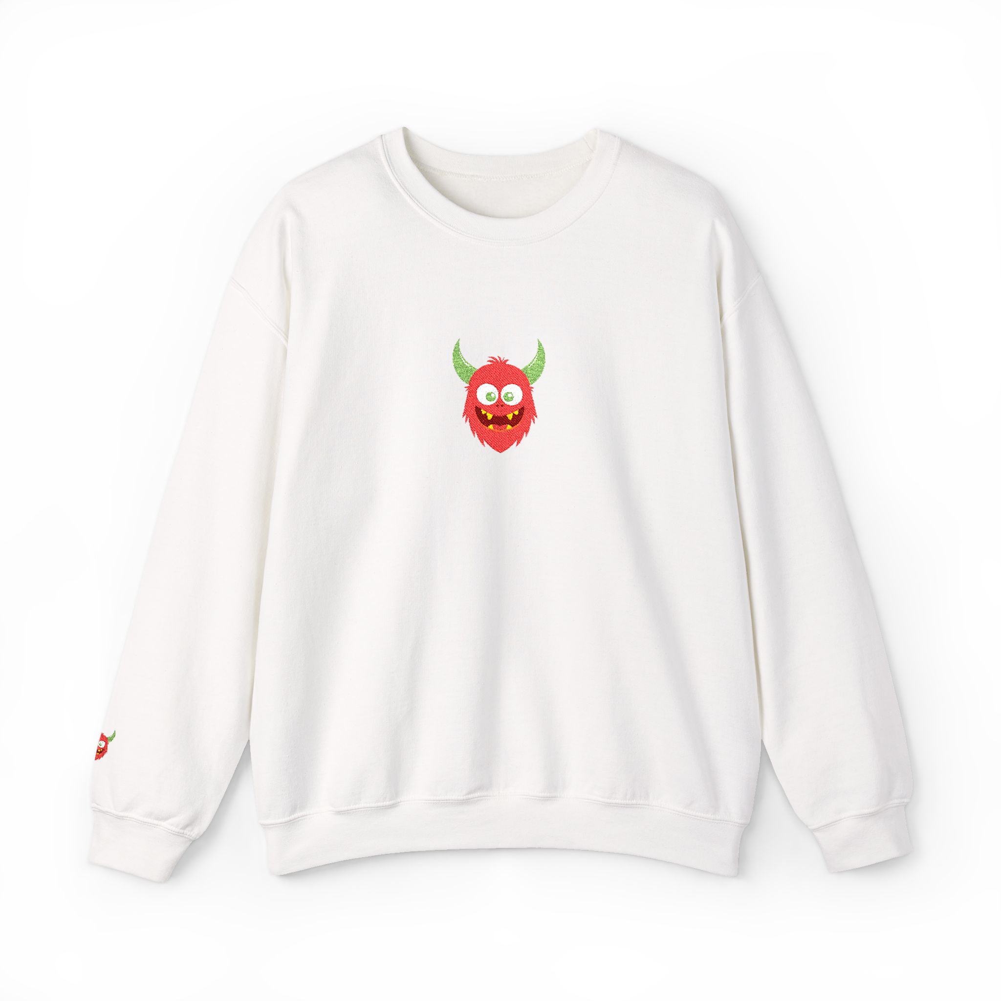 White sweatshirt with a red monster graphic on a white background
