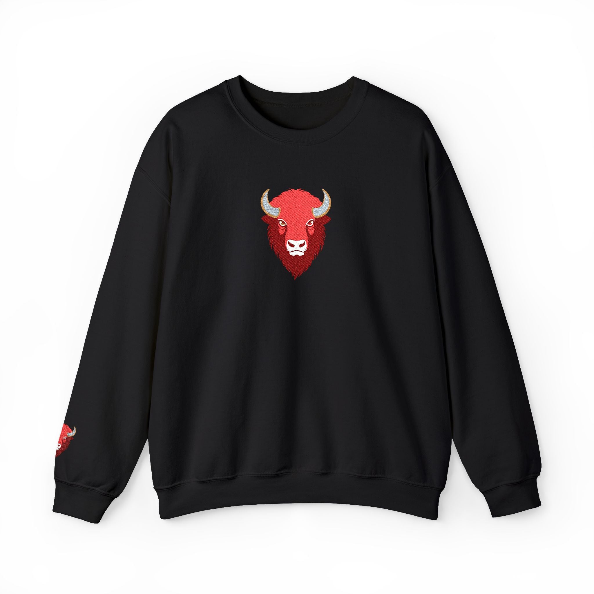 Black sweatshirt with a red bull logo on a white background