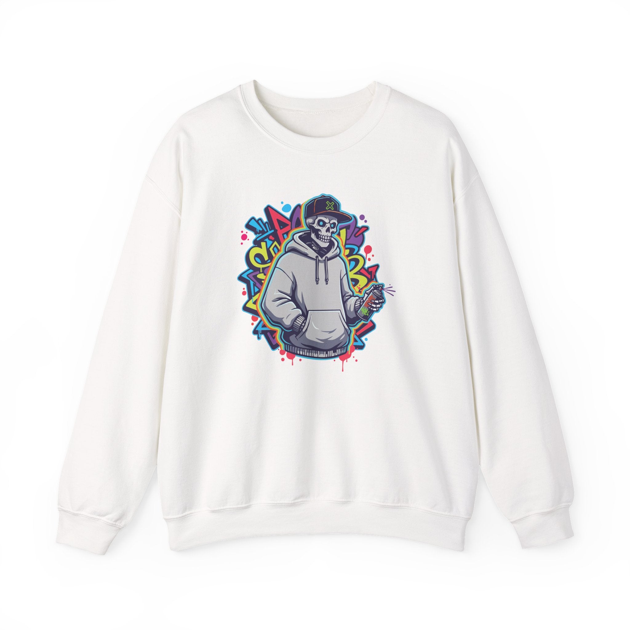 White sweatshirt with a colorful graphic of a person in a hoodie on a white background