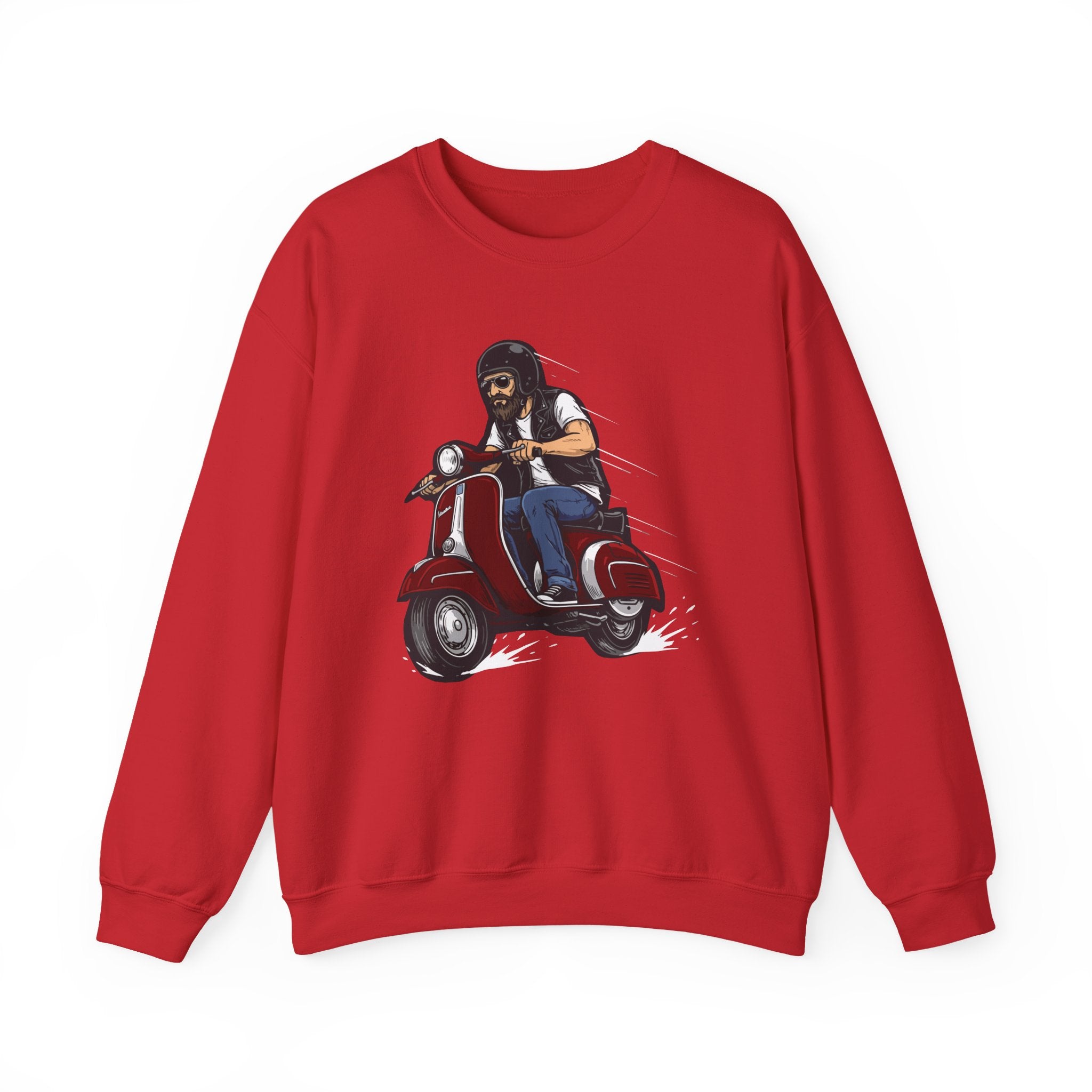Red sweatshirt with a graphic of a person on a scooter on a white background