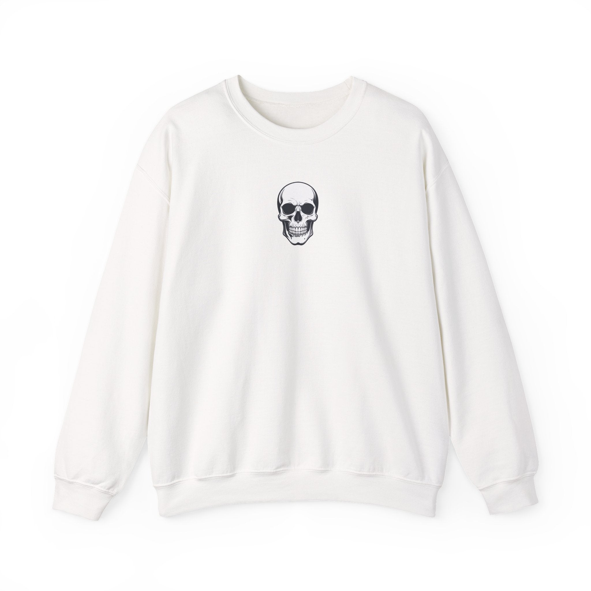 White sweatshirt with a black skull design on a white background