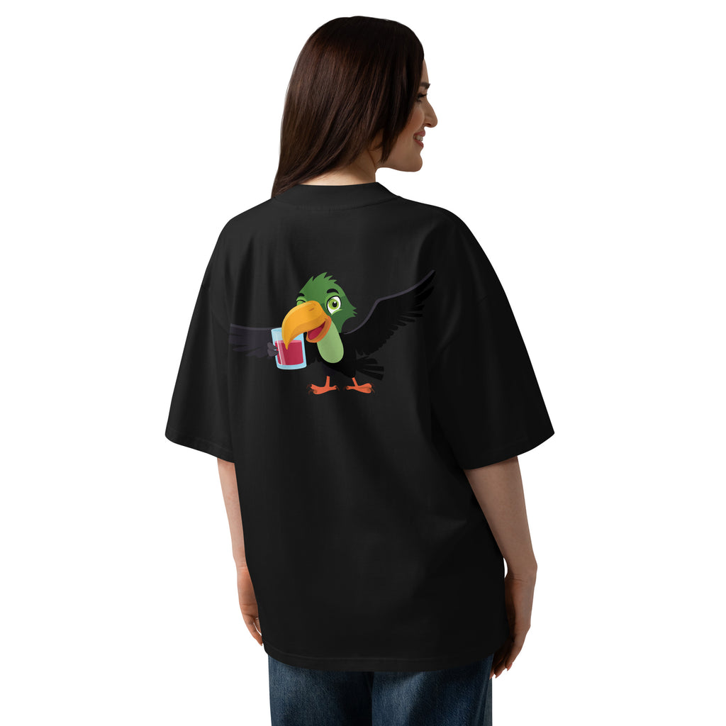Person wearing a black t-shirt with a colorful parrot design on the back, standing against a white background.