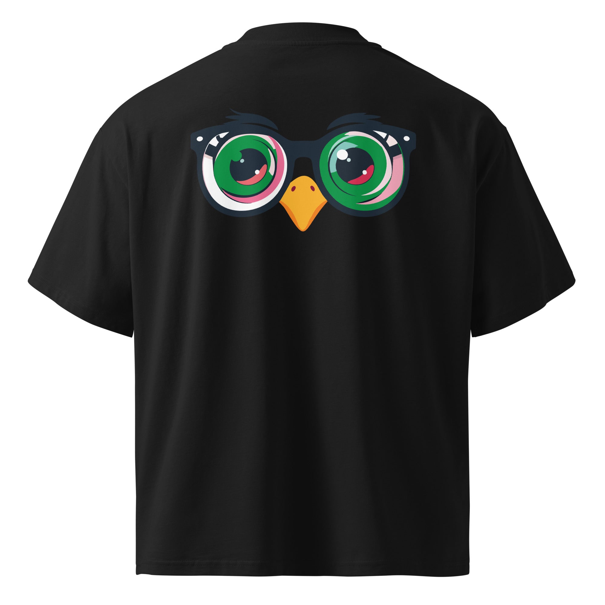 Black t-shirt with a cartoon owl design on the back against a white background