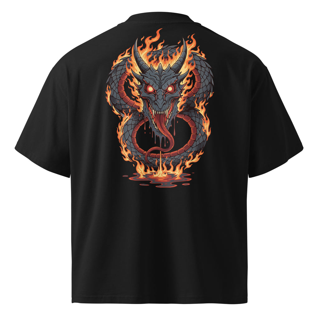 Black t-shirt with a dragon design on the back against a white background