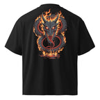 Black t-shirt with a dragon design on the back against a white background