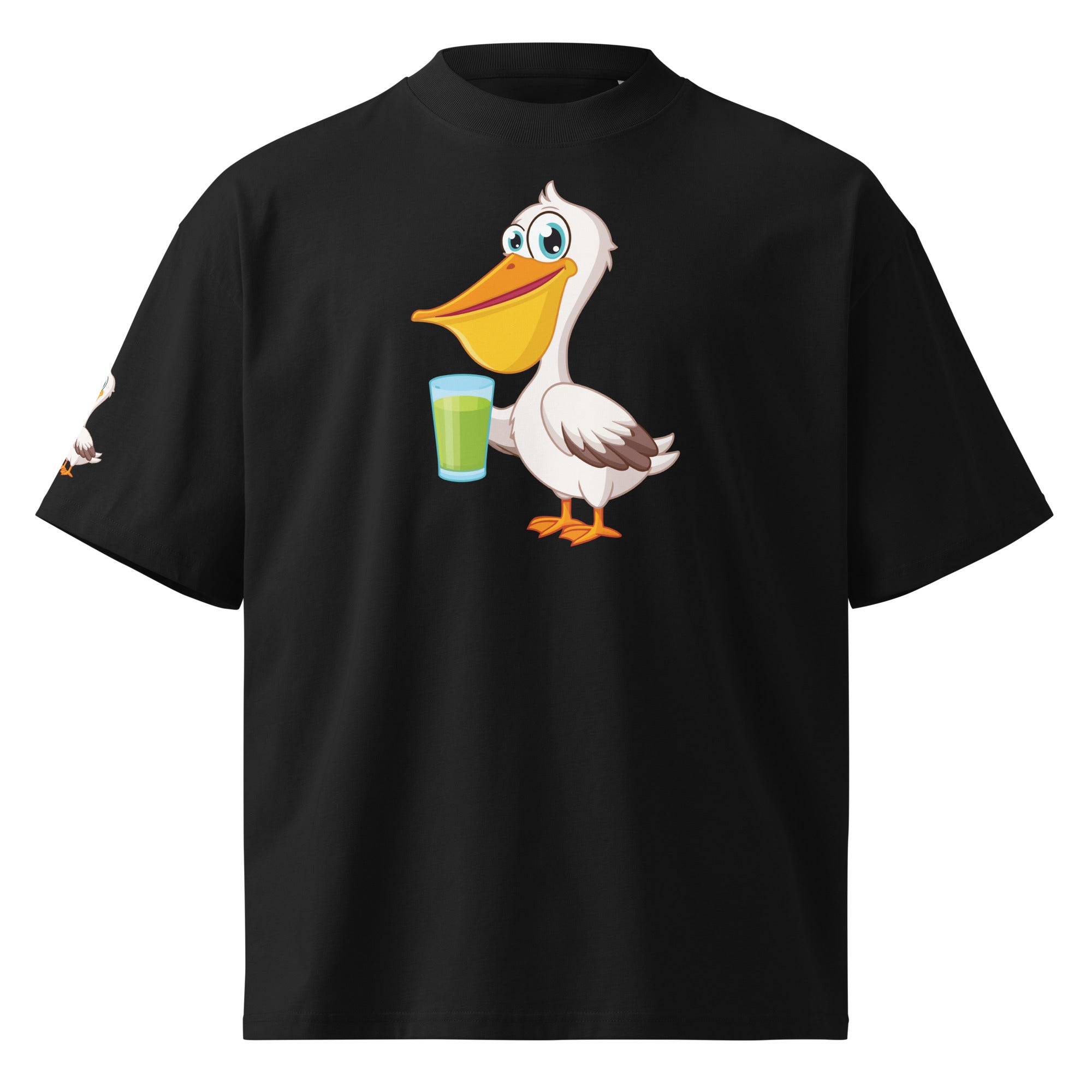 Black t-shirt with a cartoon pelican design holding a drink on a white background
