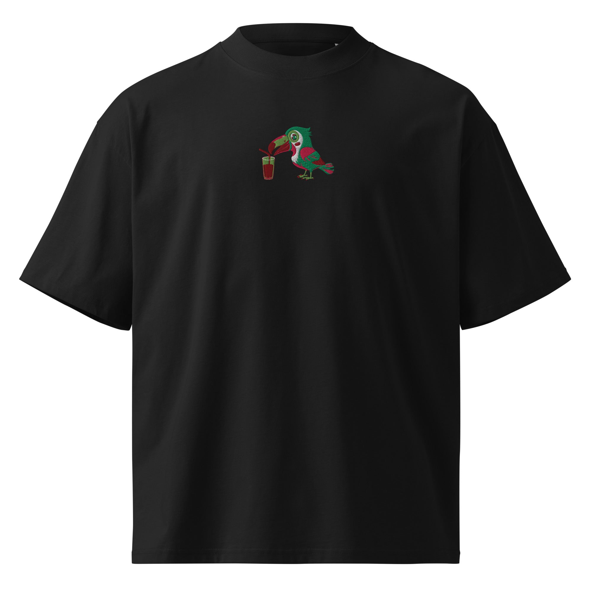 Black t-shirt with a colorful parrot design on a white background