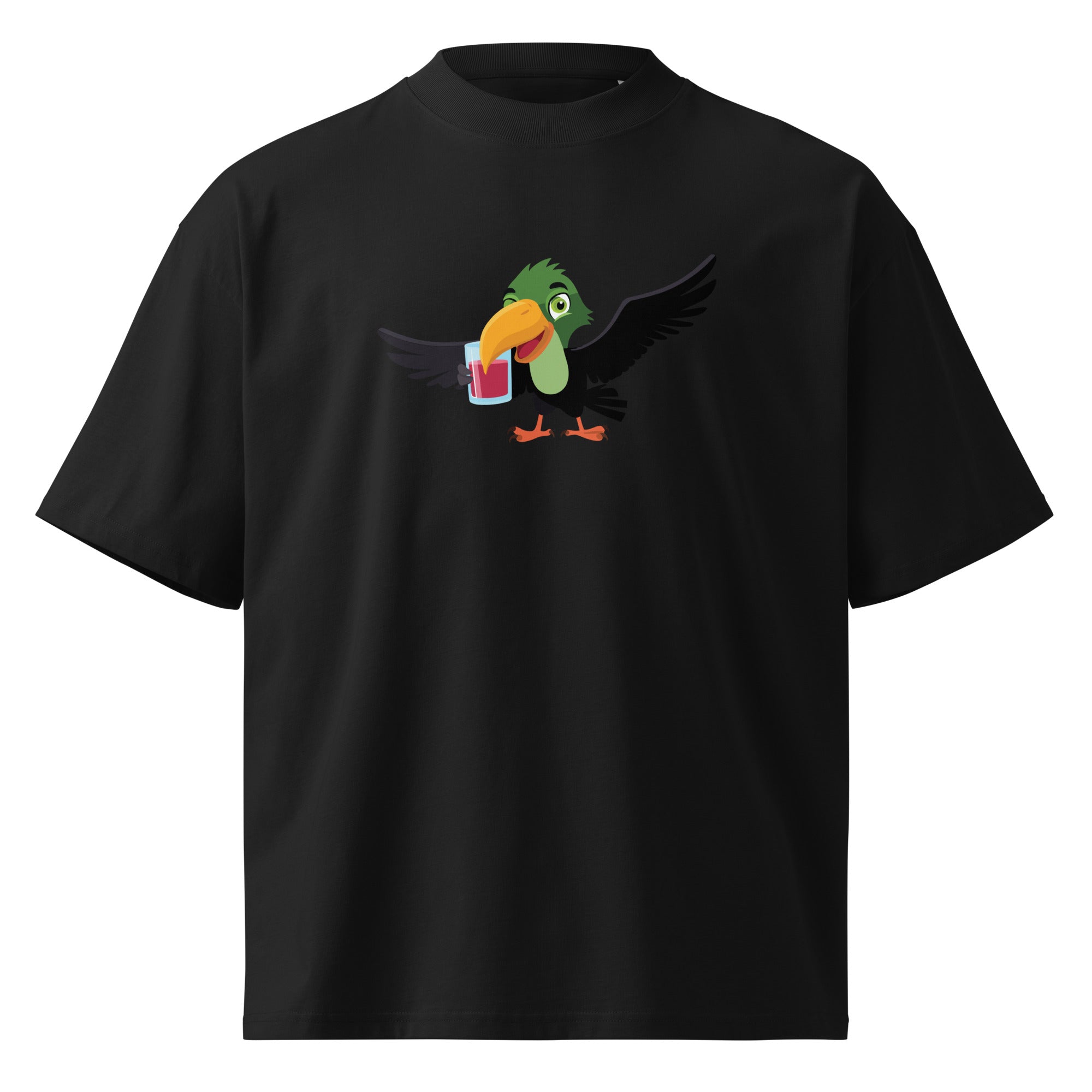 Black t-shirt with a colorful parrot graphic on a white background