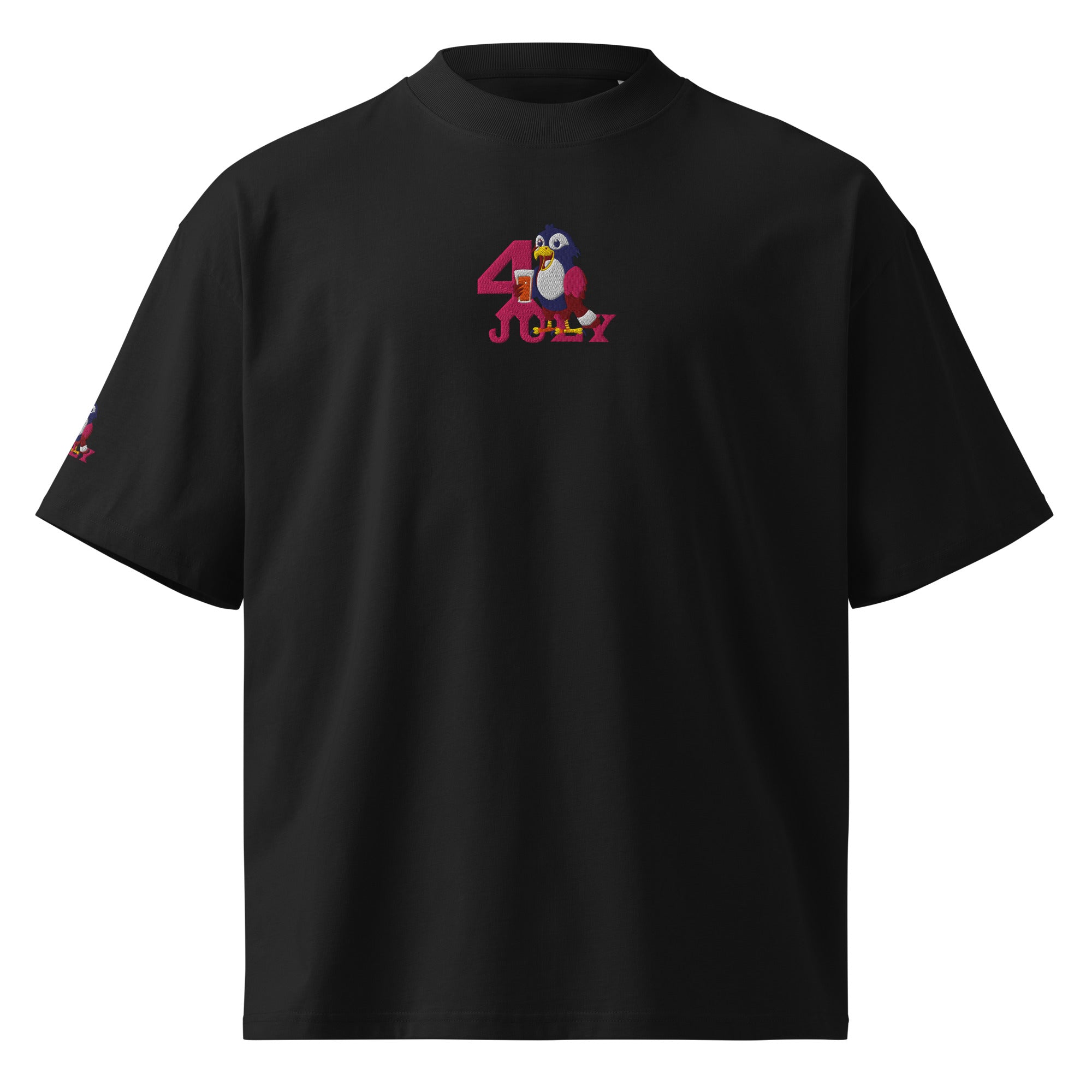 Black t-shirt with a colorful graphic on a white background