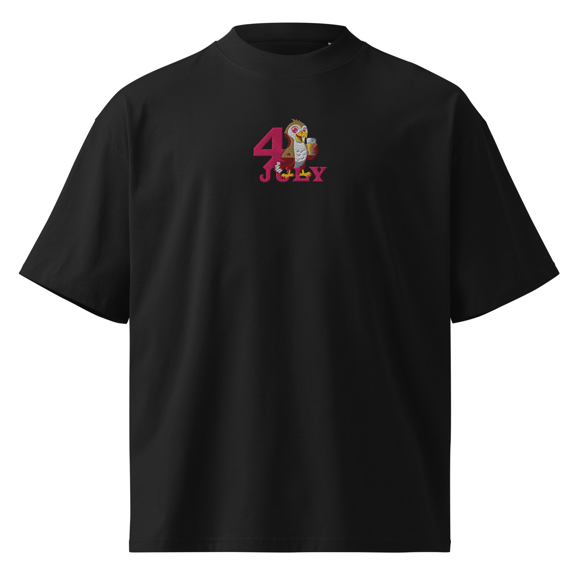 Black t-shirt with '4 July' graphic on a white background