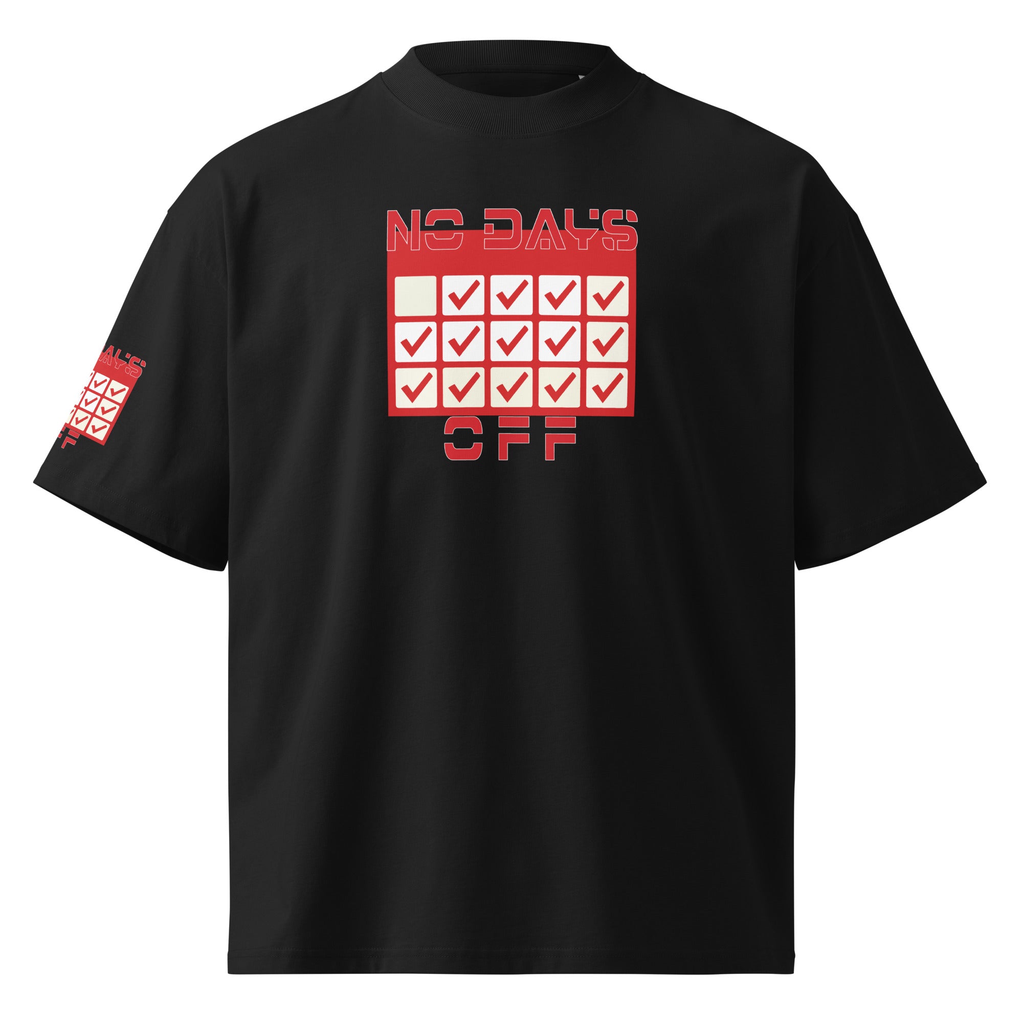Black t-shirt with red graphic and text on a white background