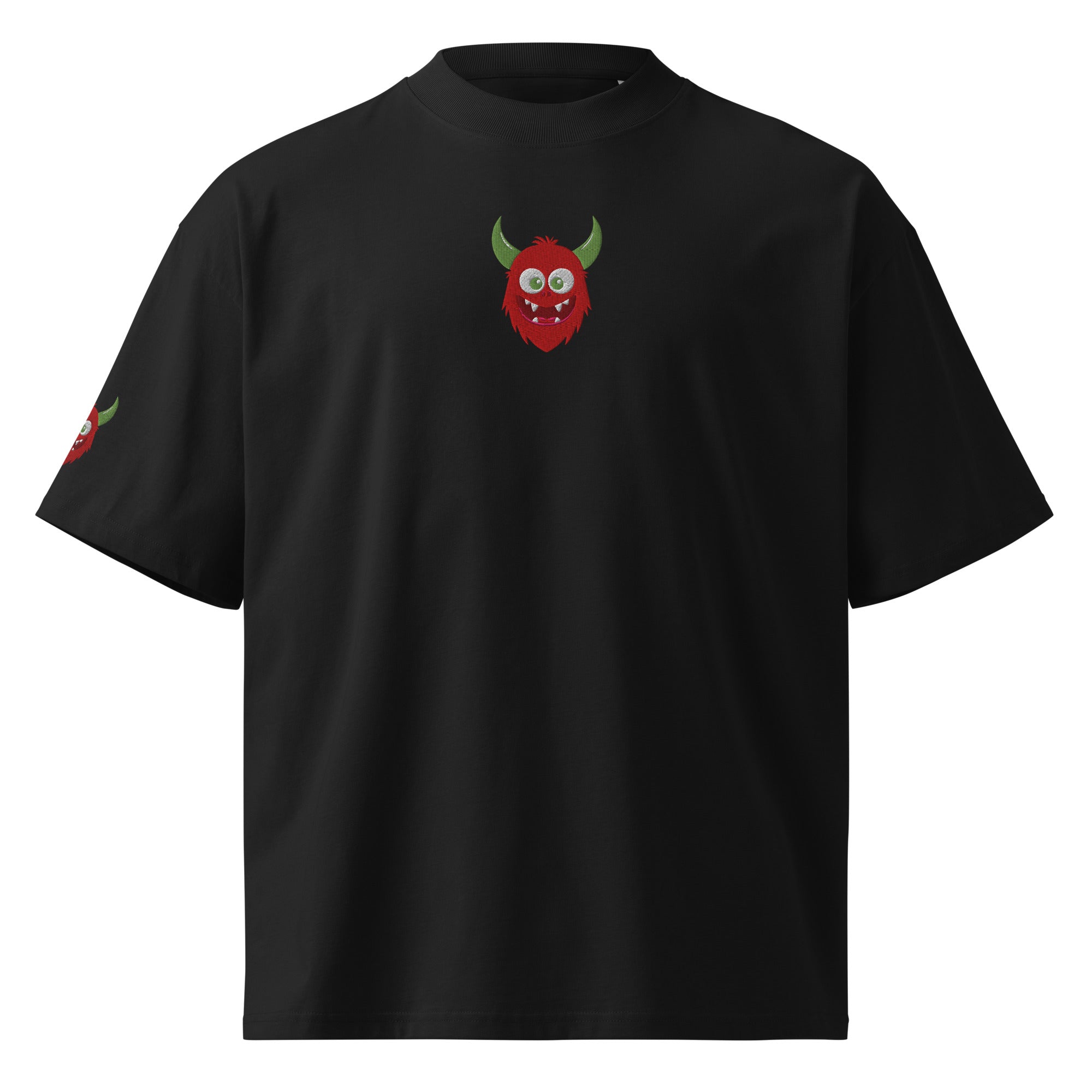 Black t-shirt with a red devil face design on a white background