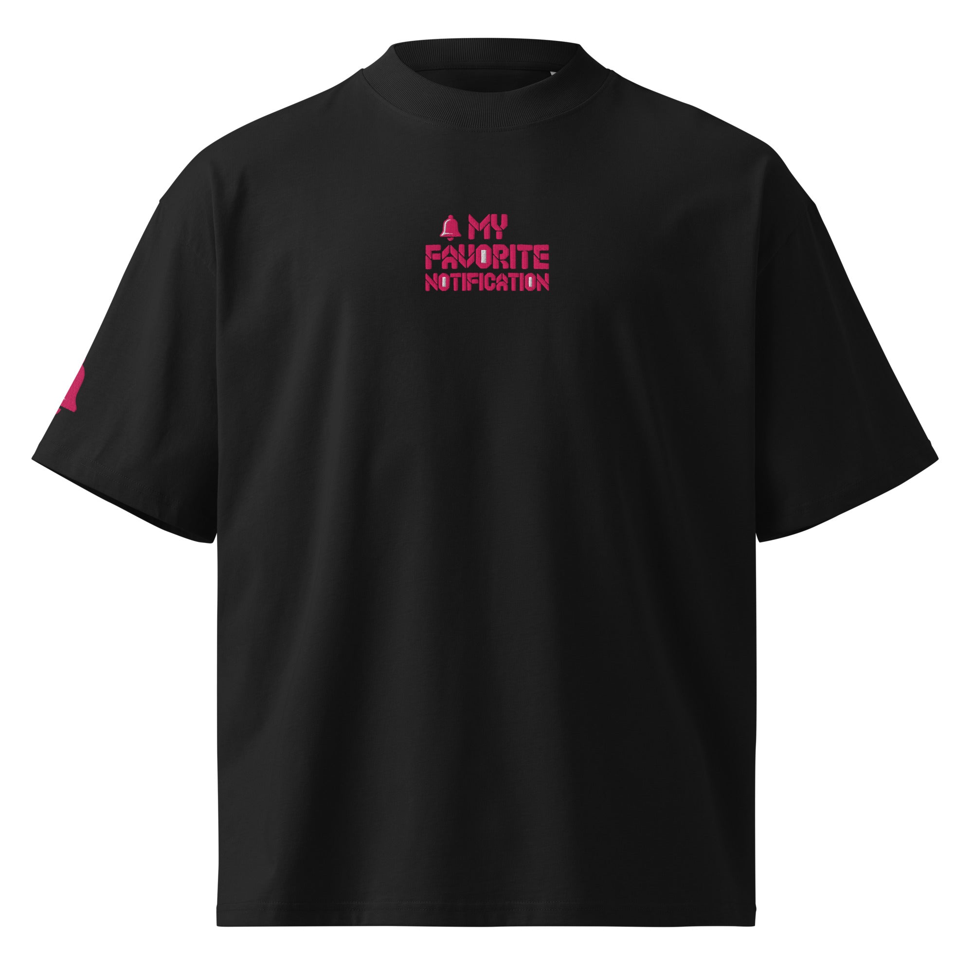 Black t-shirt with pink text on a white background