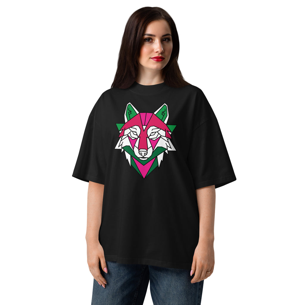 Woman wearing a black t-shirt with a colorful wolf graphic design on a white background