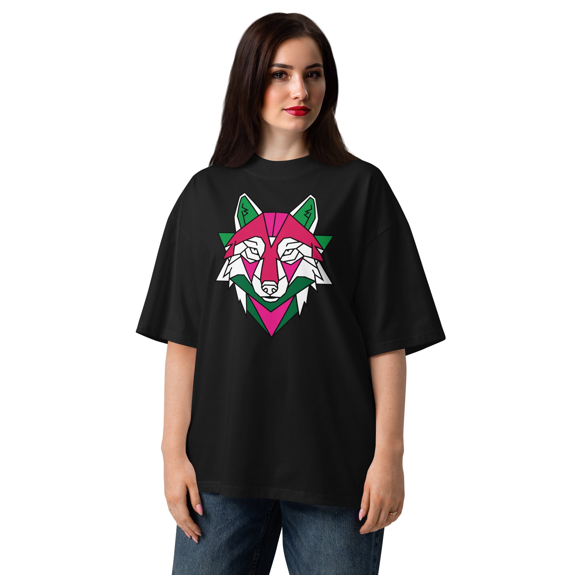 Woman wearing a black t-shirt with a colorful wolf graphic design on a white background