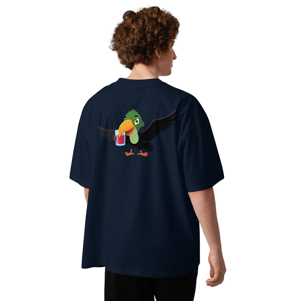 Person wearing a navy blue t-shirt with a colorful parrot design on the back, against a white background