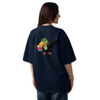 Person wearing a black t-shirt with a colorful parrot design on the back, standing against a white background.