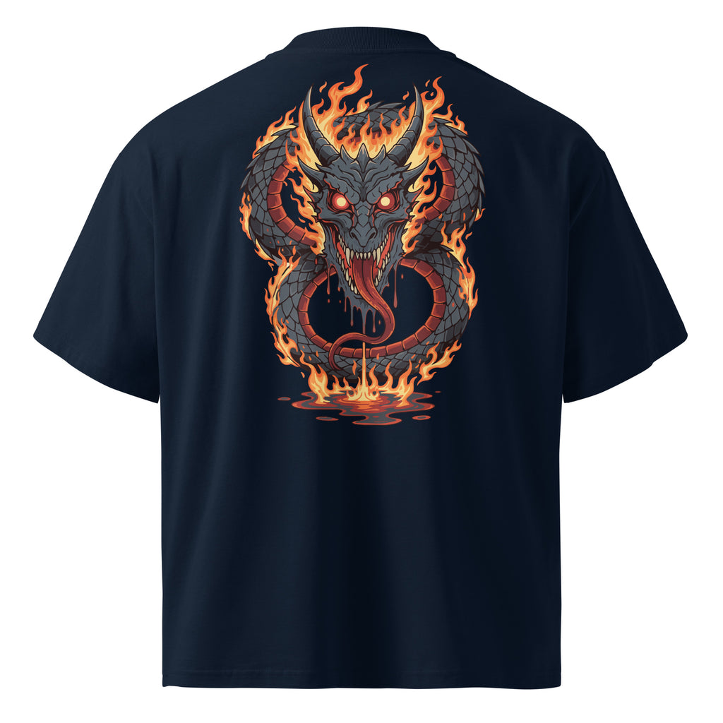 Black t-shirt with a fiery dragon design on the back against a white background