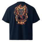 Black t-shirt with a fiery dragon design on the back against a white background