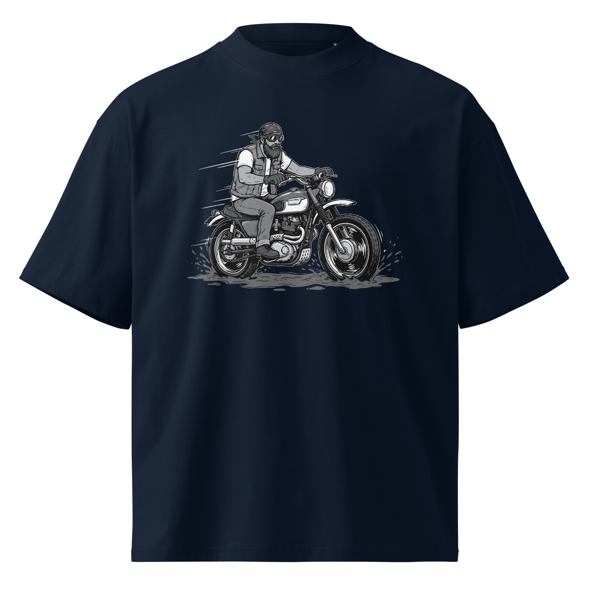 Navy blue t-shirt with a graphic of a person on a motorcycle on a white background