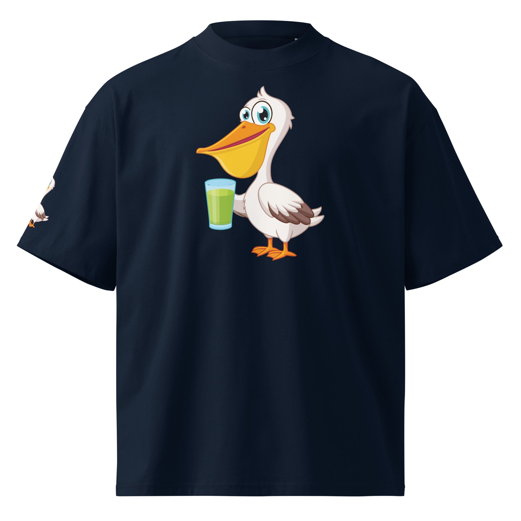 Navy blue t-shirt with a cartoon pelican design holding a drink on a white background