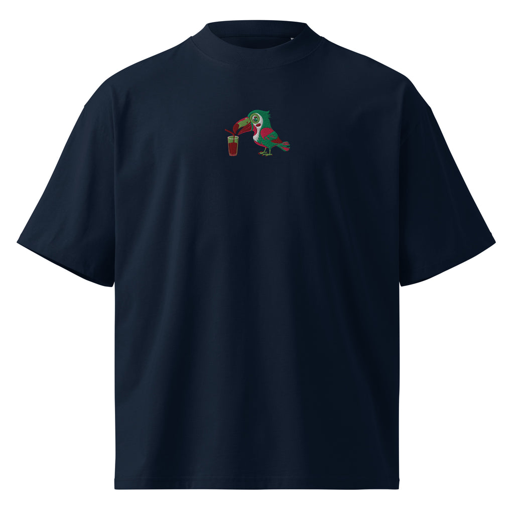 Navy blue t-shirt with a colorful parrot design on a white background