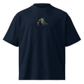 Navy blue t-shirt with a colorful parrot design on a white background