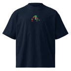Navy blue t-shirt with a colorful parrot design on a white background