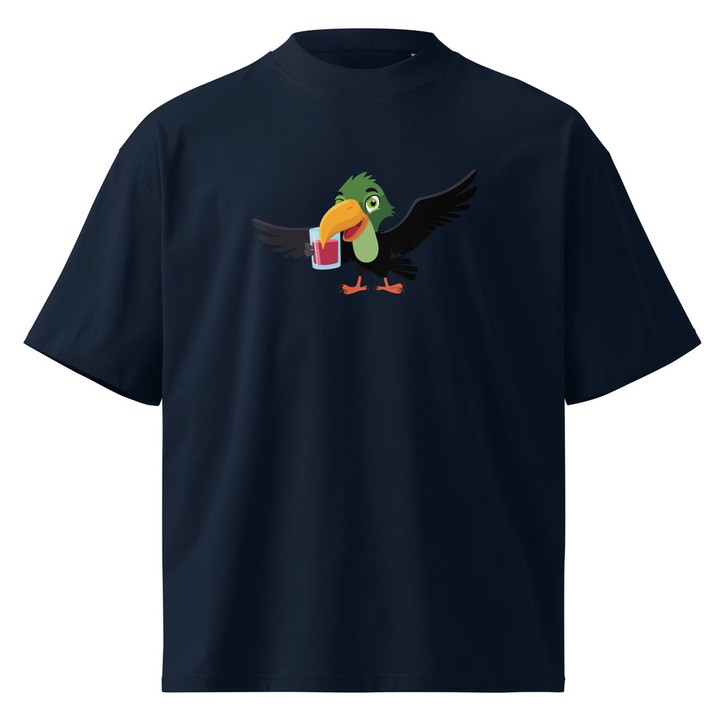 Black t-shirt with a colorful parrot graphic on a white background