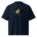 Black t-shirt with a colorful parrot graphic on a white background