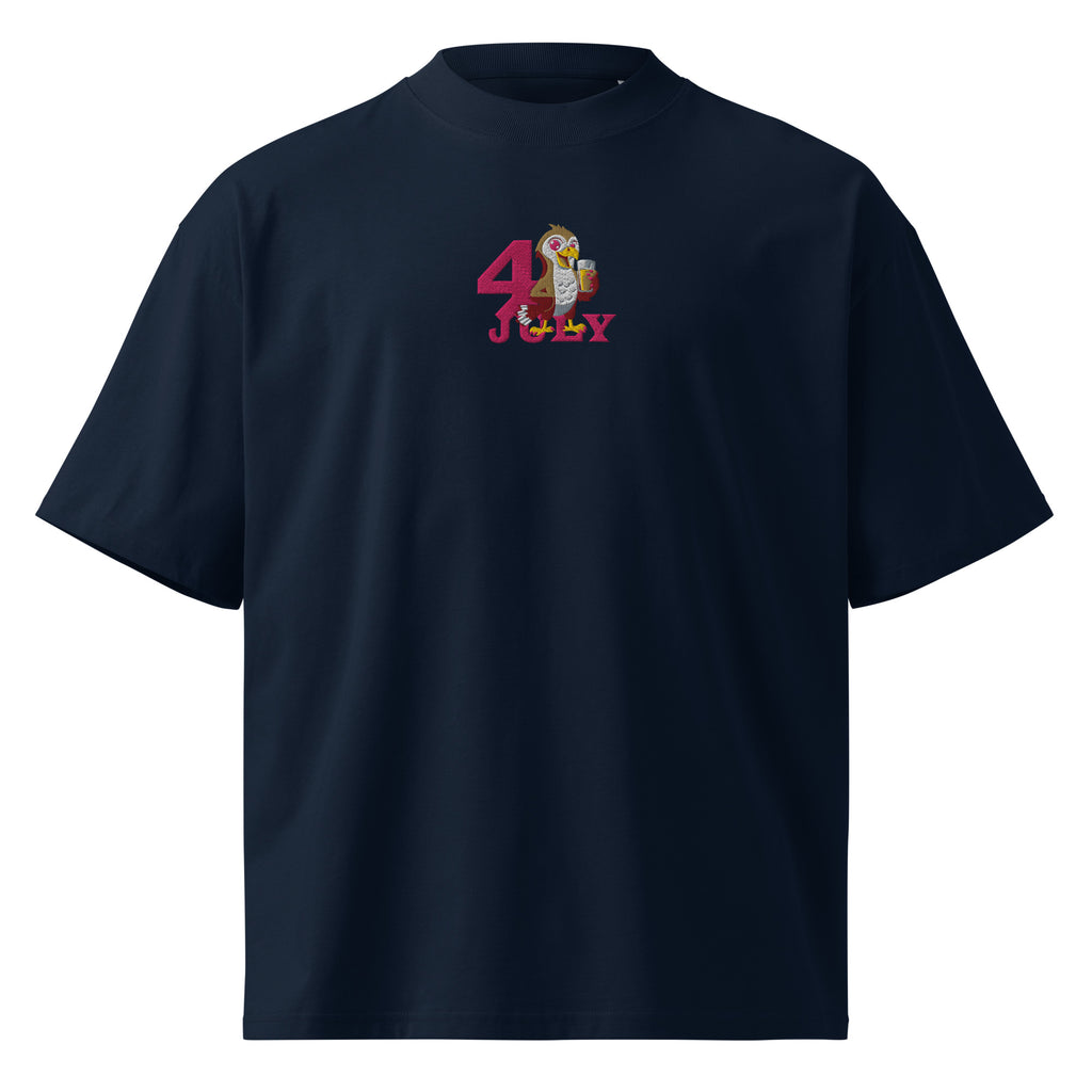 Navy blue t-shirt with '4 July' graphic on a white background