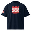 Navy blue t-shirt with red graphic design on a white background