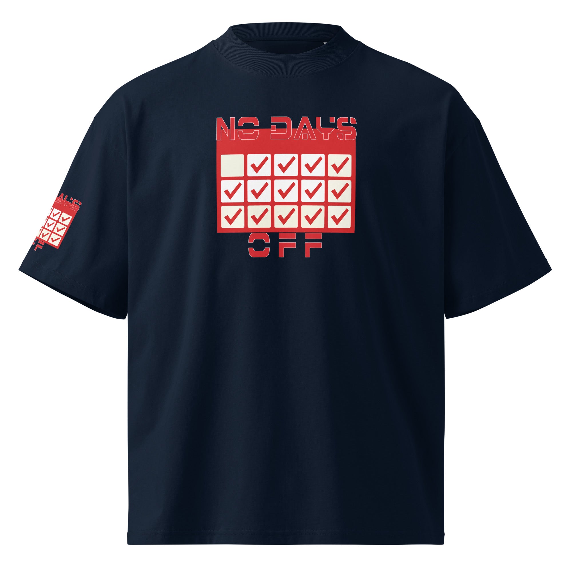 Navy blue t-shirt with red graphic design on a white background