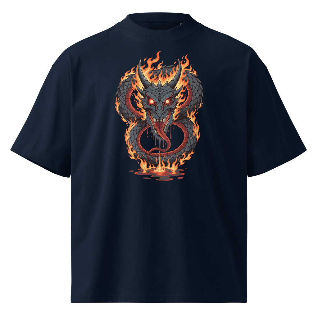 Black t-shirt with a dragon design on a white background