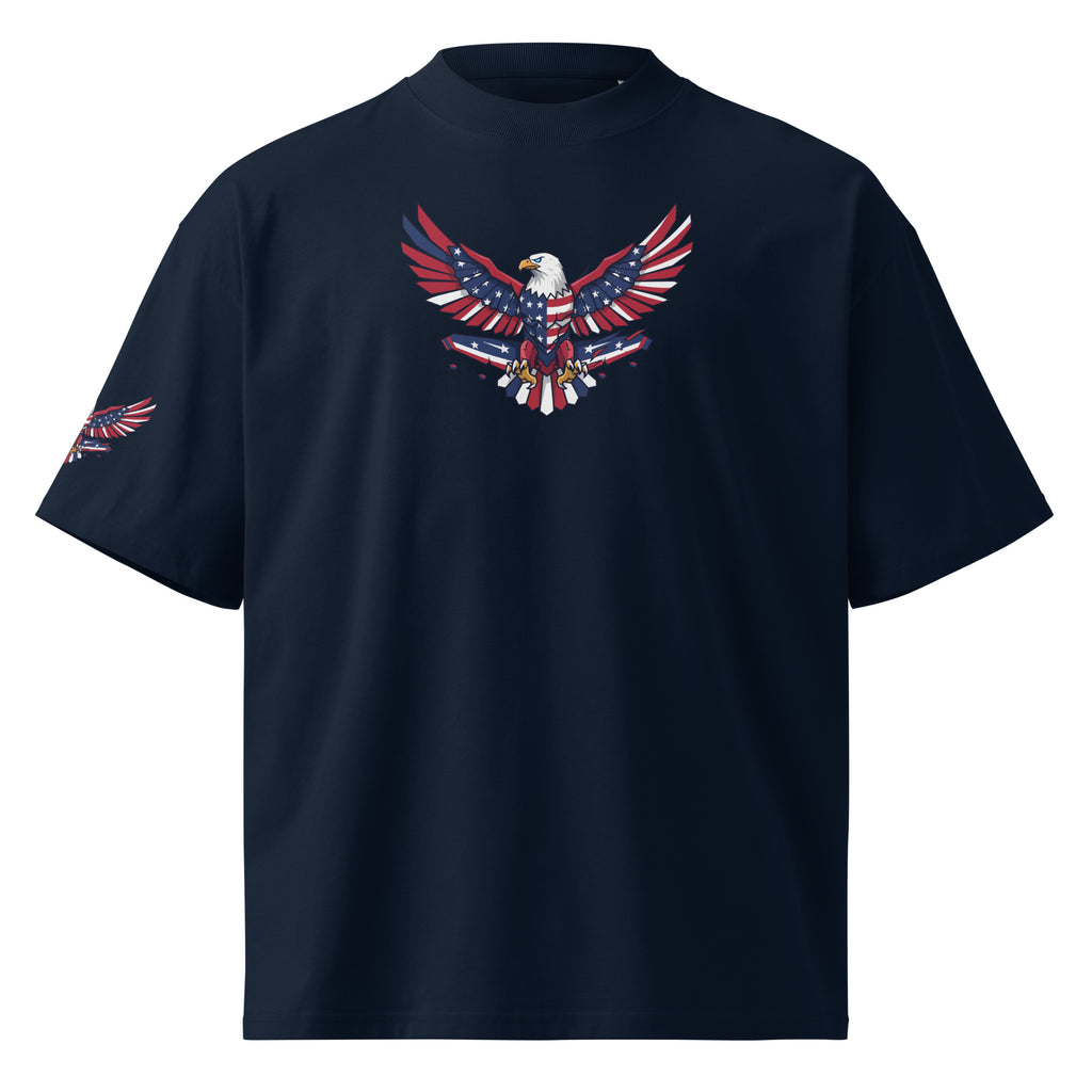 Navy blue t-shirt with an eagle design on a white background