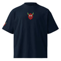 Navy blue t-shirt with a red devil face design on a white background