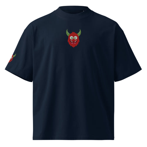 Navy blue t-shirt with a red devil face design on a white background