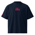 Navy blue t-shirt with pink text on a white background