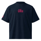 Navy blue t-shirt with pink text on a white background